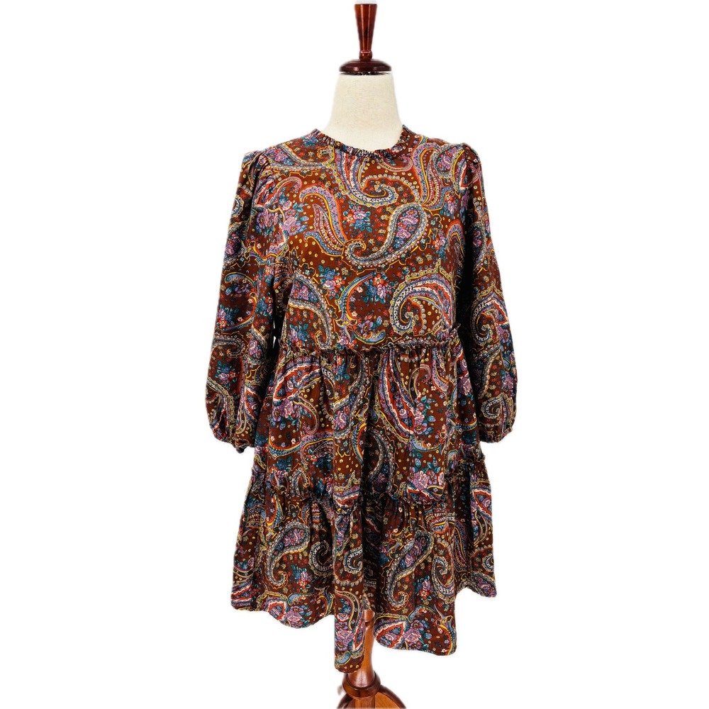 a.n.a Baby Doll Paisley Dress Brown Purple Turquoise Ruffle Neck Size Large